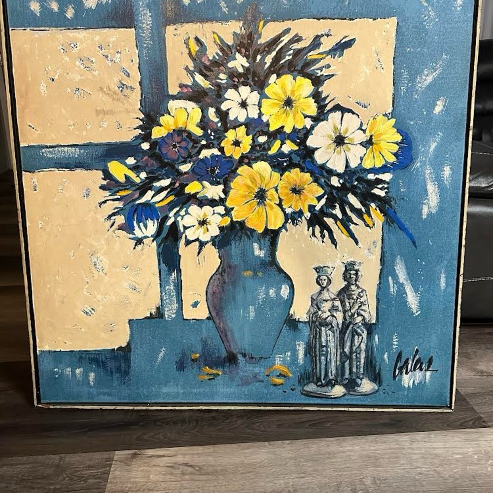 Floral Painting with Blue and Yellow Accents